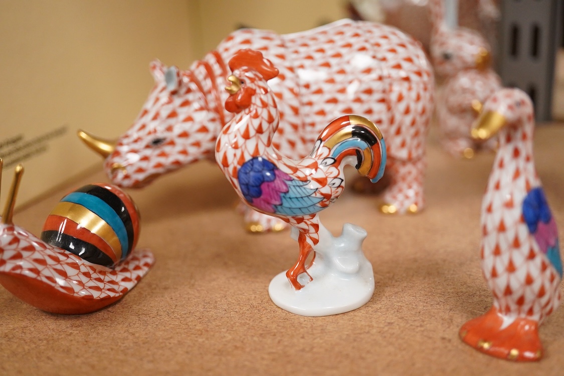 A group of Herend red scale animals and a similar cat, 14cm high